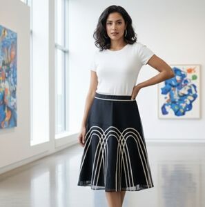 LOFT Black Midi Skirt with Cream Curved Pattern